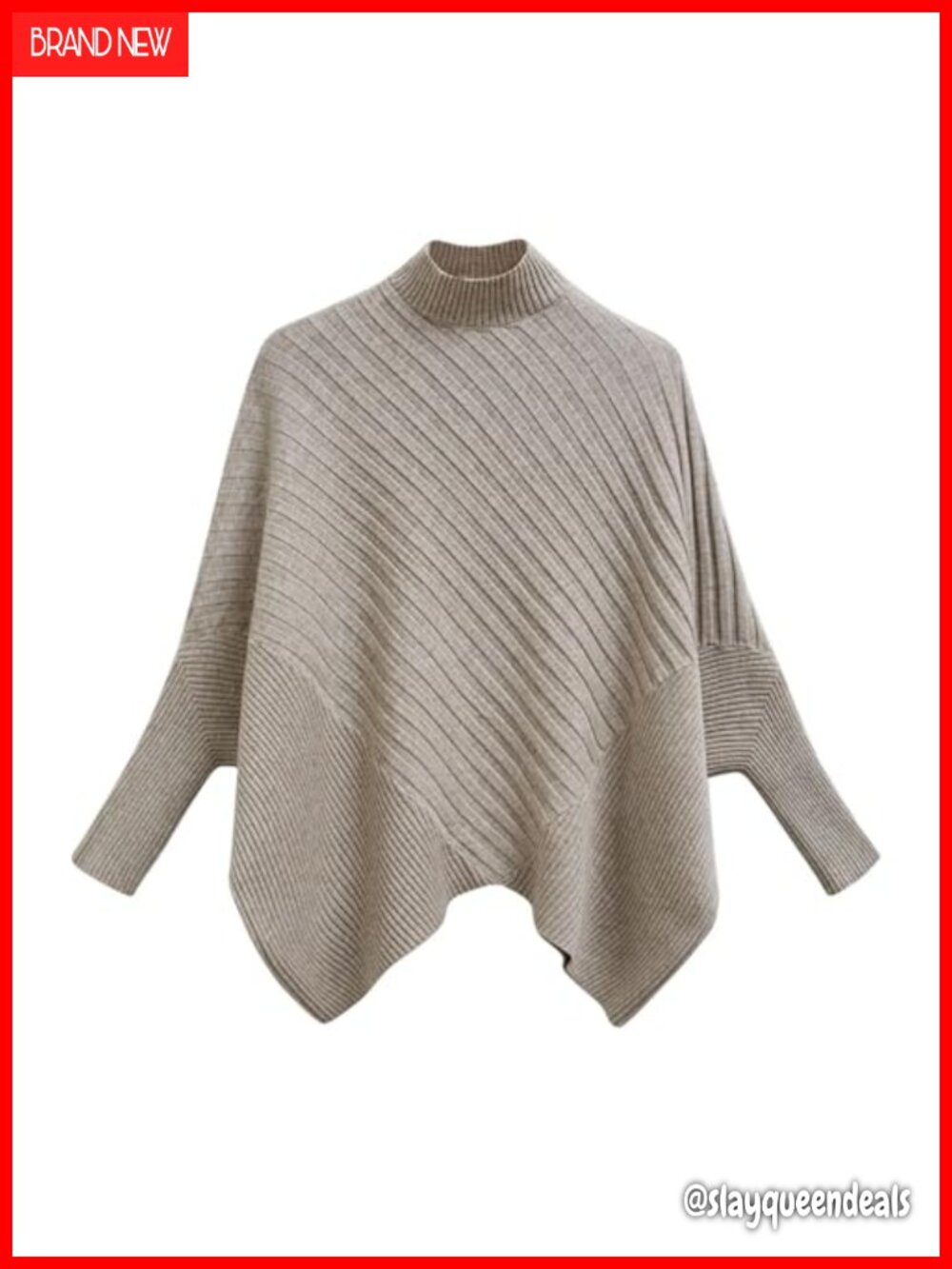 Contrast Ribbed Knit Poncho Sweater Mock Neck Batwing Sleeve Oversized Pullover